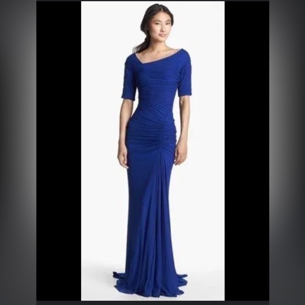 TADASHI SHOJI Asymmetrical Ruched Mesh Evening Formal Gown in Lake Blue - Picture 8 of 8
